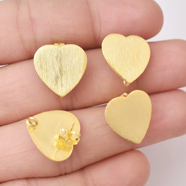 Gold Plated Brushed Heart Shape Ear Studs - 16mm