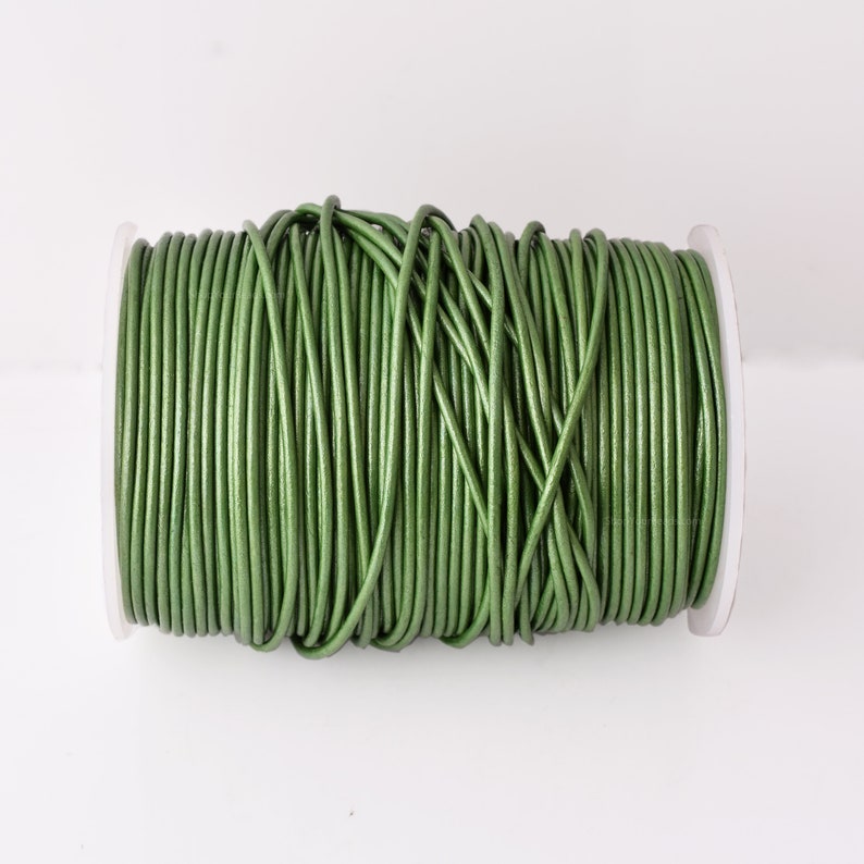 2mm Metallic Green Leather Cord - Round - Premium Quality - Indian Leather - Wrap Bracelet Making Findings Lead Free - Necklace Making