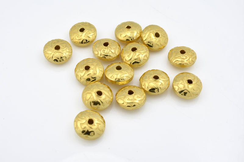 Gold Plated 8mm Floral Print Engraved Saucer Beads