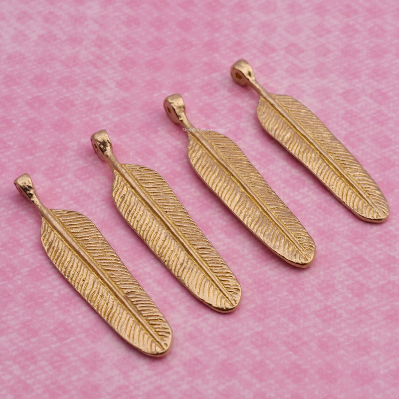 Raw Brass Feather Pendant Charms For Jewelry Macrame Makings 