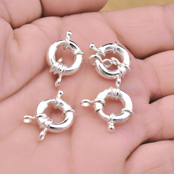 15mm  Shiny Silver Spring Lobster Round Clasp - 4pcs
