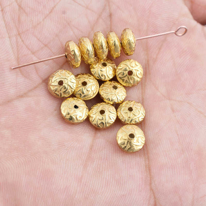 Gold Plated 8mm Floral Print Engraved Saucer Beads