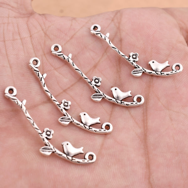 Antique Silver Plated Bird on Branch Pendant Charms