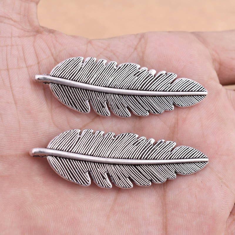 Antique Silver Plated Feather Charms - 56x18 mm