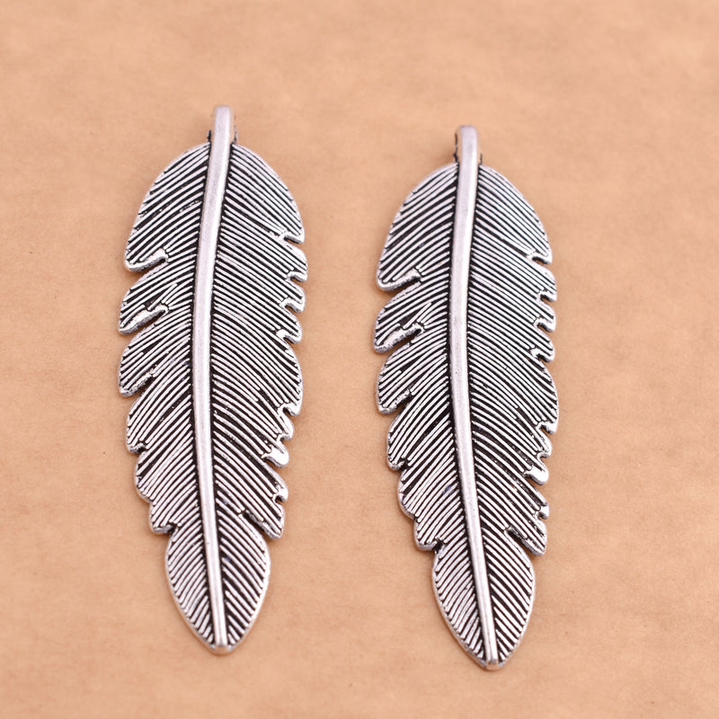 Antique Silver Plated Feather Charms - 56x18 mm