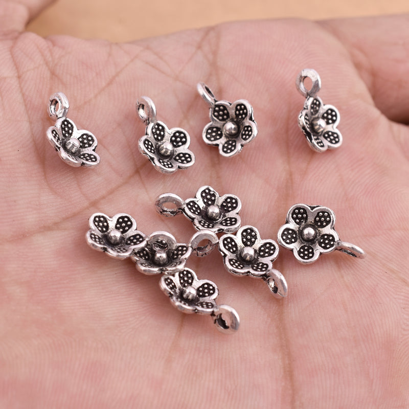 Antique Silver Plated Flower Charms - 14mm