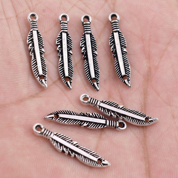 Antique Silver Plated Feather Charms - 25x5mm