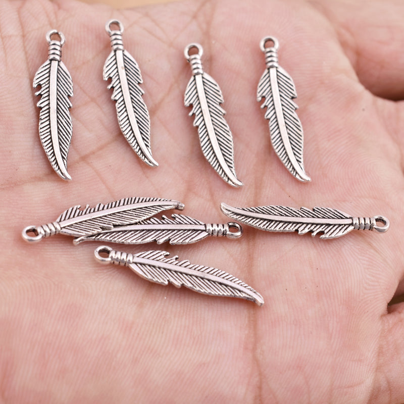 Antique Silver Plated Feather Charms - 27x6mm