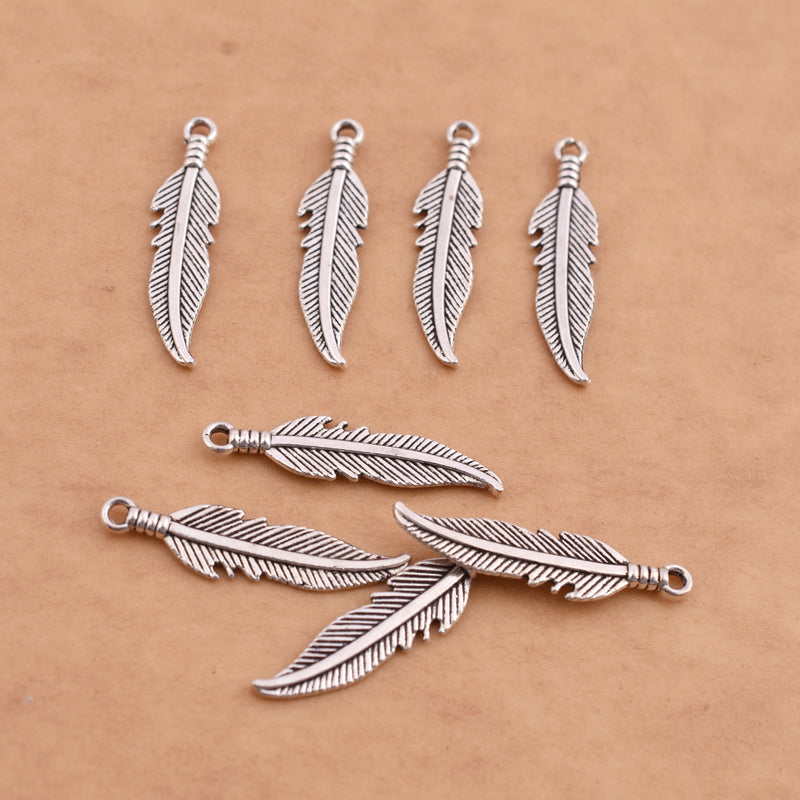 Antique Silver Plated Feather Charms - 27x6mm
