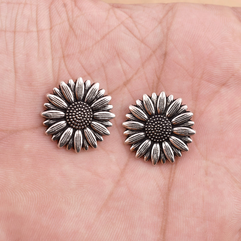 2 Silver Flower Charms, flower motif, artisan findings, Kumihimo findings, Leather wrap bracelet, 20mm for wrap jewelry
