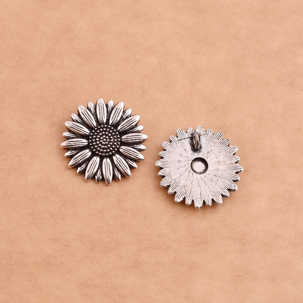 2 Silver Flower Charms, flower motif, artisan findings, Kumihimo findings, Leather wrap bracelet, 20mm for wrap jewelry