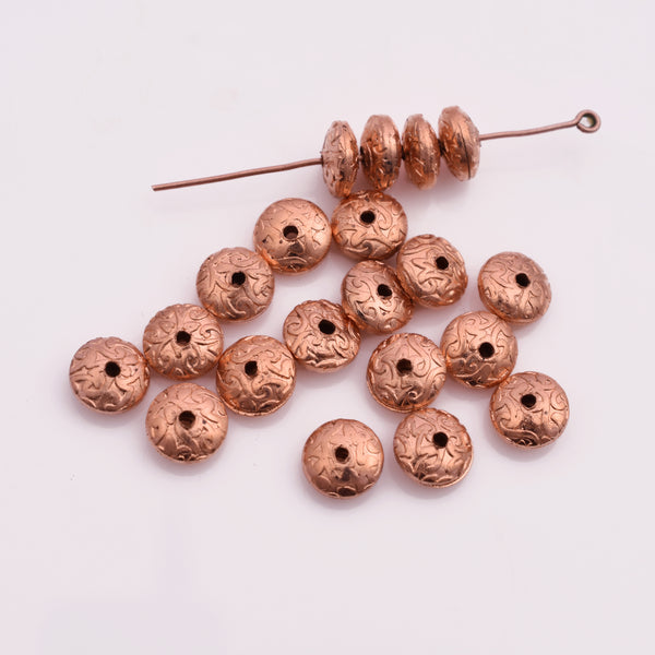 Copper 8mm Floral Print Engraved Saucer Spacer Beads