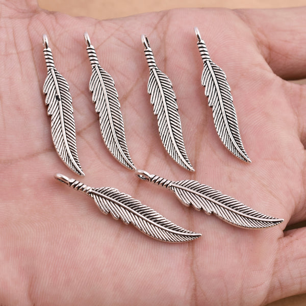 Antique Silver Plated Feather Charm - 38x7mm