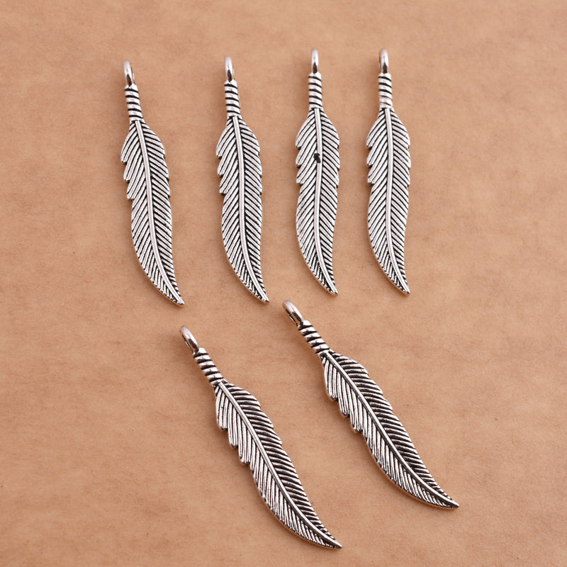 Antique Silver Plated Feather Charm - 38x7mm