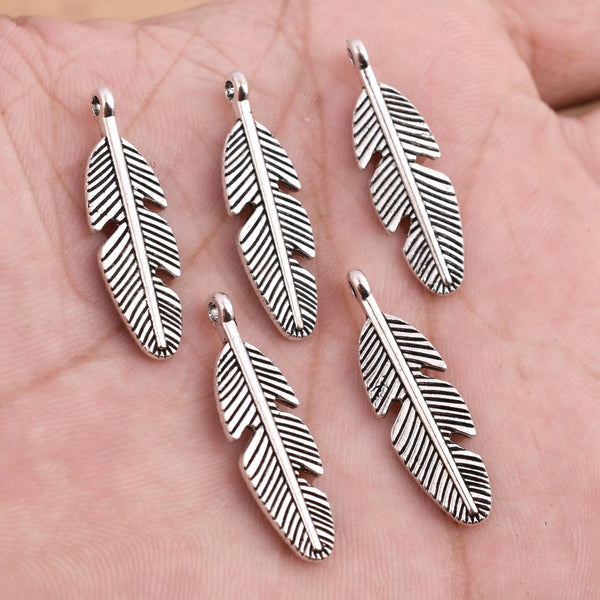 Antique Silver Plated Feather Charm - 28x8 mm