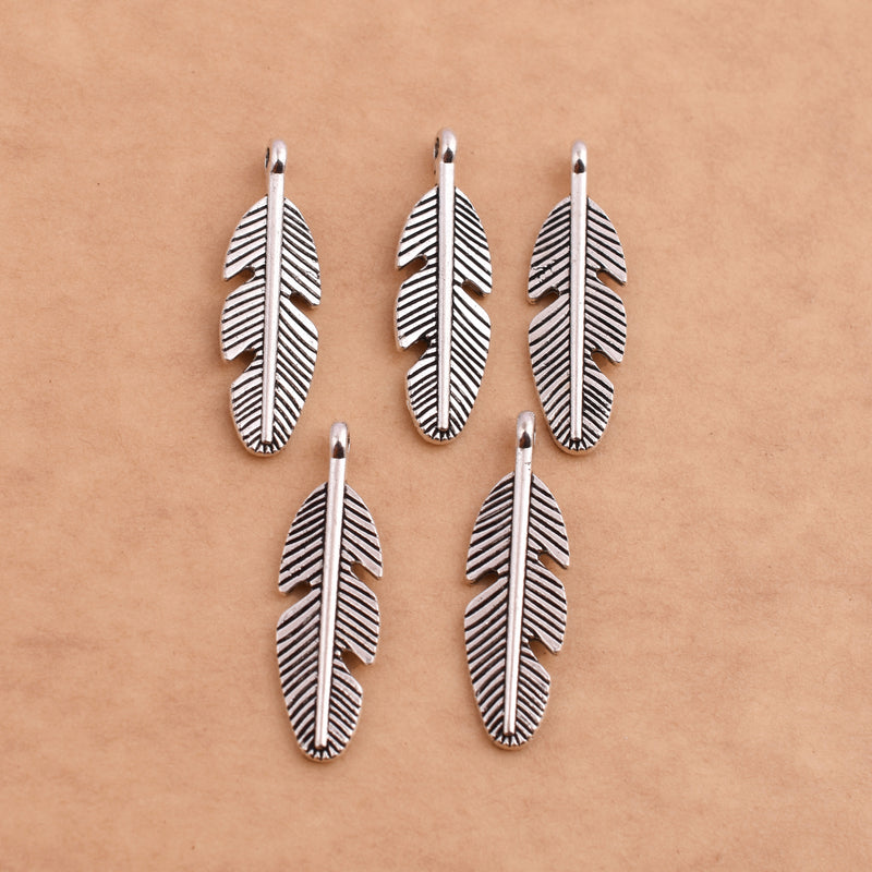 Antique Silver Plated Feather Charm - 28x8 mm