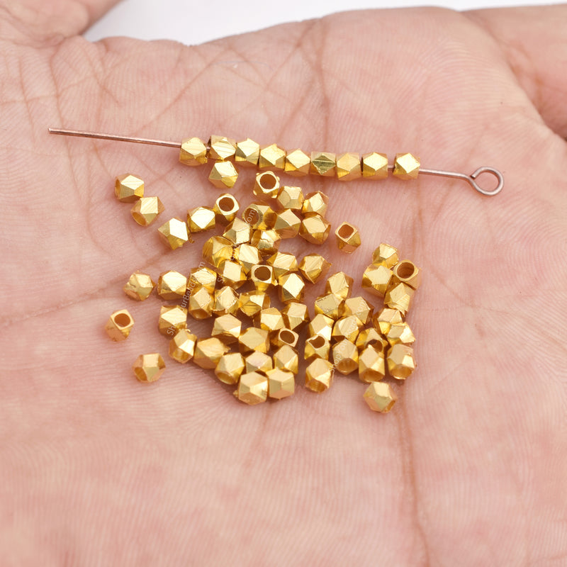 Gold Plated 2.5mm Faceted Diamond Cut Beads, Spacers for Jewelry