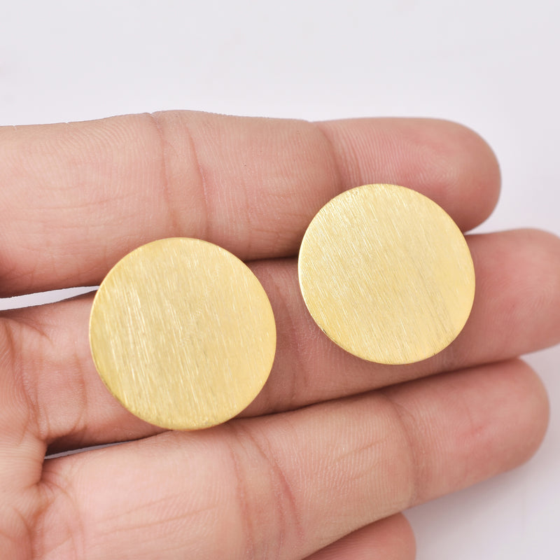 Gold Plated Brushed Round Ear Studs - 22mm