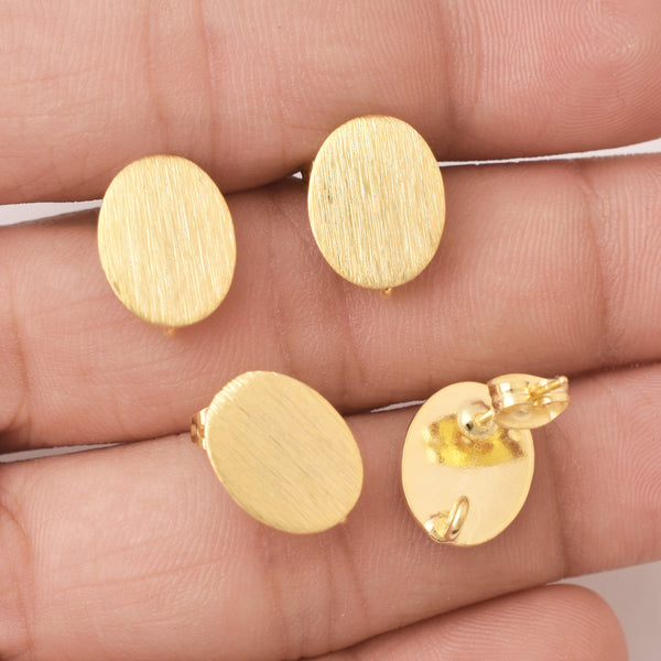 Gold Plated Brushed Oval Ear Studs - 13mm