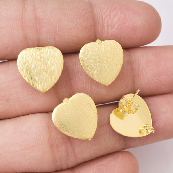 Gold Plated Brushed Heart Shape Ear Studs - 14mm