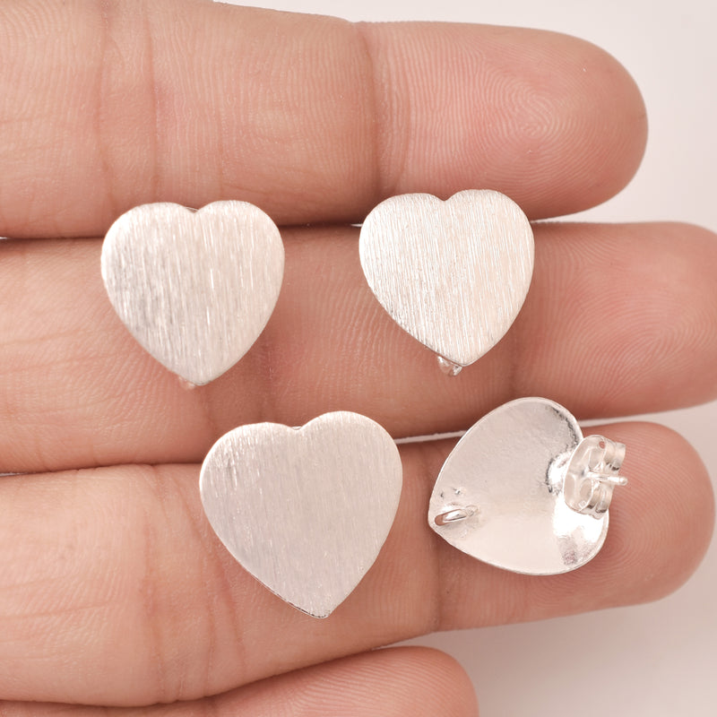 Silver Plated Brushed Heart Shape Ear Studs - 14mm
