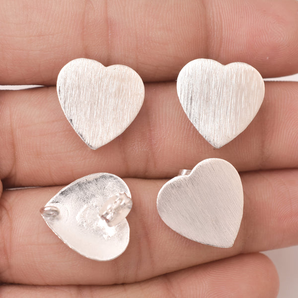 Silver Plated Brushed Heart Shape Ear Studs - 16mm