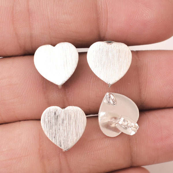 Silver Plated Brushed Heart Shape Ear Studs - 12mm