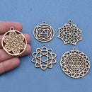 5 Chakra Charms Set, Raw Brass Sacred Geometry, Zen Charms, Spiritual Yoga Pendants, Raw Brass findings