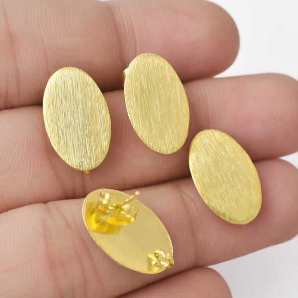 Gold Plated Brushed Oval Earring Studs - 17mm