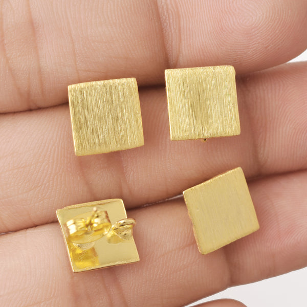 Gold Plated Brushed Square Earring Studs - 10mm