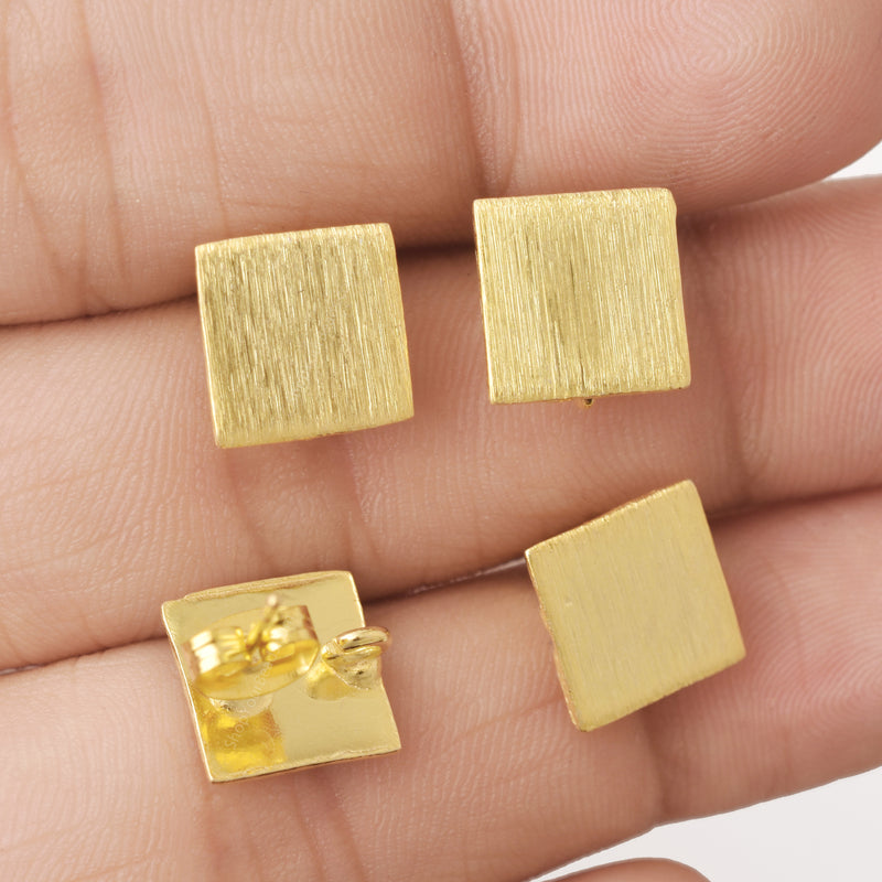Gold Plated Brushed Square Earring Studs - 10mm