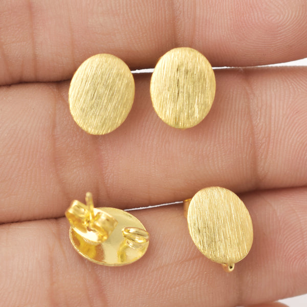 Gold Plated Brushed Oval Earring Studs - 10mm