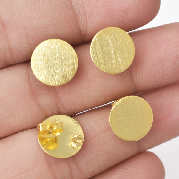 Gold Plated Brushed Round Earring Studs - 12mm