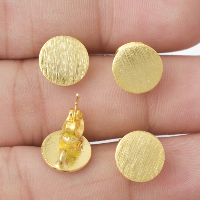 Gold Plated Brushed Round Earring Studs - 10mm