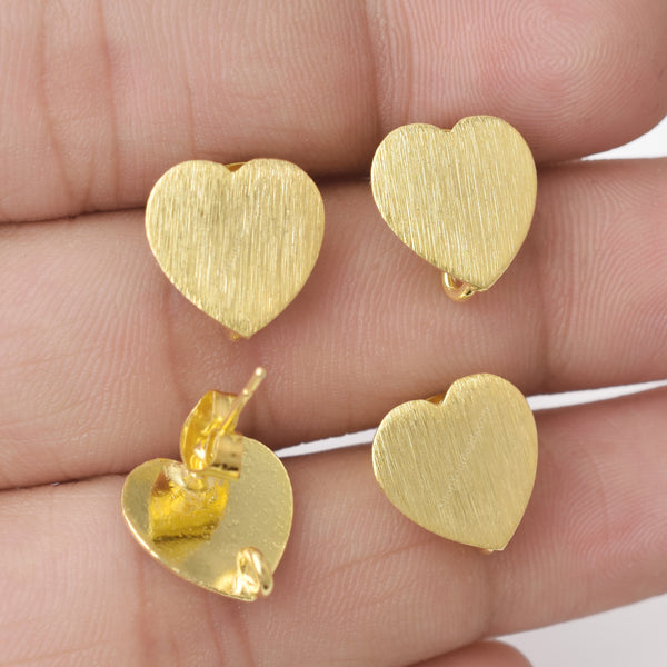 Gold Plated Brushed Heart Shape Earring Studs - 12mm