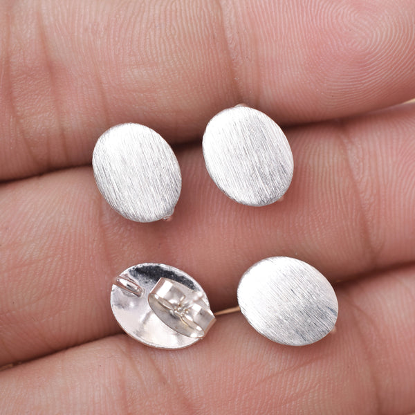 Silver Plated Brushed Oval Earring Studs - 10mm