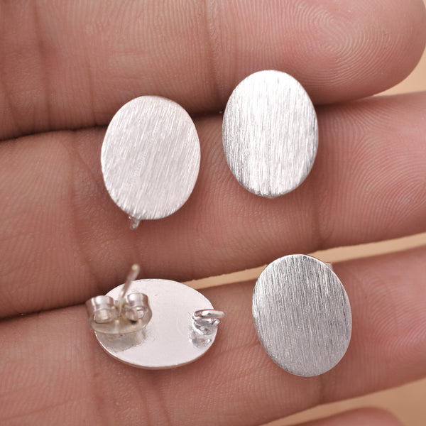 Silver Plated Brushed Oval Earring Studs - 13mm