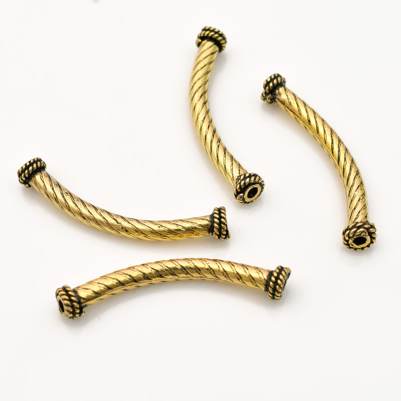 Antique Gold Plated Curved Tube Pipe Beads - 40mm