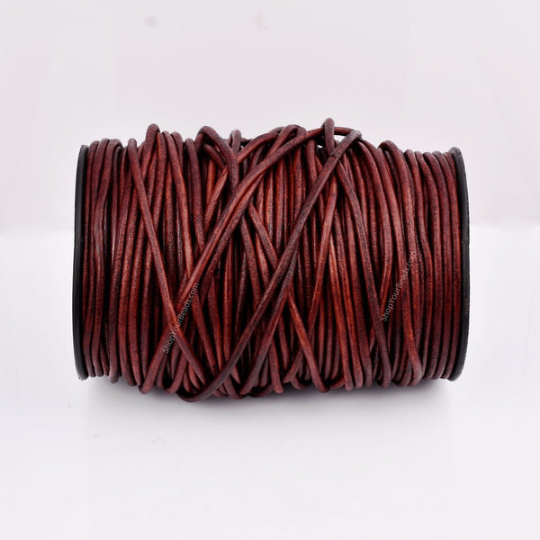 4mm Distressed Red Brown Leather Cord - Round - Matt Finish - Indian Leather - Wrap Bracelet Making Findings - Antique Color - Natural Dye