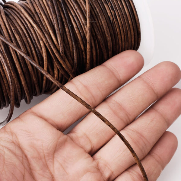 2mm Leather Cord - Vintage Saddle Brown - Round - Matt Finish - Indian Leather - Wrap Bracelet Making Findings - Antique Color Natural Dye