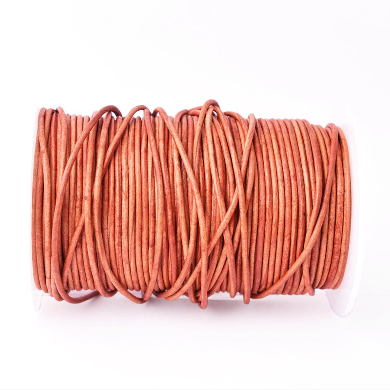 2mm Leather Cord - Natural Red - Round - Matt Finish - Indian Leather - Wrap Bracelet Making Findings - Antique Color Natural Dye
