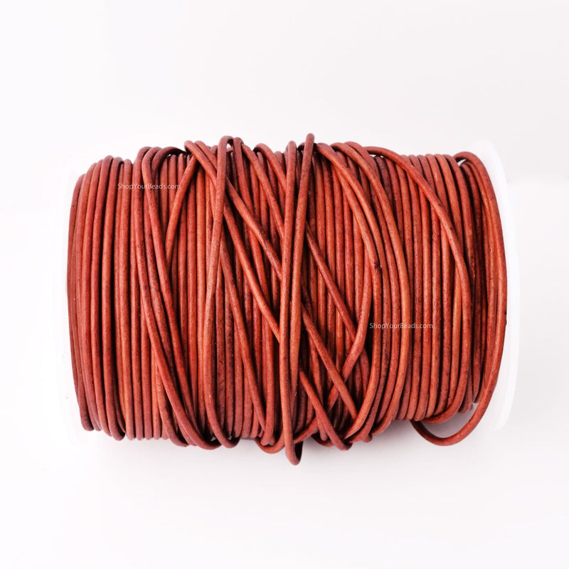 2mm Leather Cord - Vintage Red - Round - Matt Finish - Indian Leather - Wrap Bracelet Making Findings - Antique Color Natural Dye