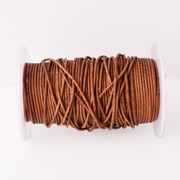 2mm Leather Cord - Vintage Natural Brown - Round - Matt Finish - Indian Leather - Wrap Bracelet Making Findings - Antique Color Natural Dye