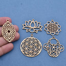 5 Chakra Charms Set, Raw Brass Sacred Geometry, Zen Charms, Spiritual Yoga Pendants, Raw Brass findings