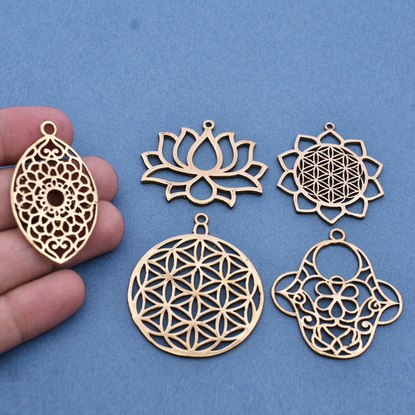 5 Chakra Charms Set, Raw Brass Sacred Geometry, Zen Charms, Spiritual Yoga Pendants, Raw Brass findings