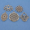 5 Chakra Charms Set, Raw Brass Sacred Geometry, Zen Charms, Spiritual Yoga Pendants, Raw Brass findings