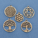 5 Chakra Charms Set, Raw Brass Sacred Geometry, Zen Charms, Spiritual Yoga Pendants, Raw Brass findings