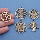 5 Chakra Charms Set, Raw Brass Sacred Geometry, Mandala Charms, Spiritual Yoga Pendants, Raw Brass findings