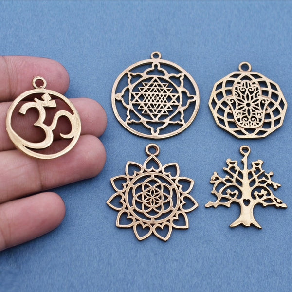 5 Chakra Charms Set, Raw Brass Sacred Geometry, Mandala Charms, Spiritual Yoga Pendants, Raw Brass findings
