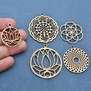 5 Chakra Charms Set, Raw Brass Sacred Geometry, Mandala Charms, Spiritual Yoga Pendants, Raw Brass findings